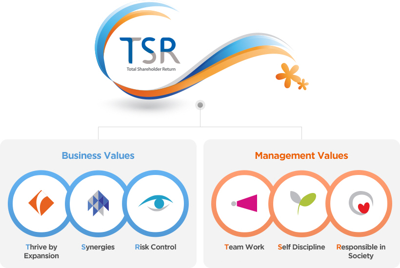 TSR(Tatal Shareholder Return)- Business Values(Thrive by Expansion,Synergies,Risk Control),Management Values(Team Work,Self Discipline,Responsible in Society)